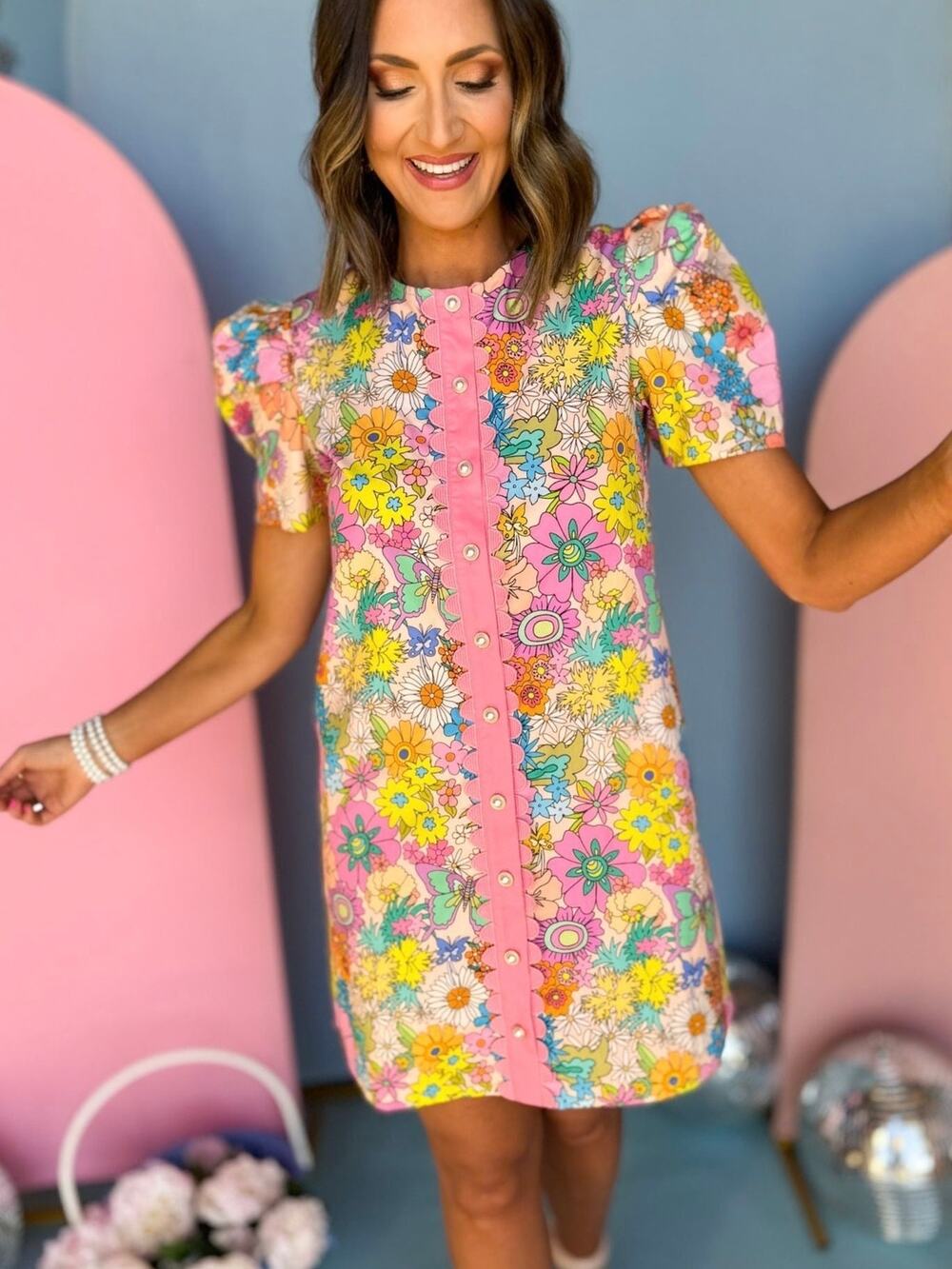 SSYS The Label Pink Purple Floral Retro Print Puff Sleeve Shift Dress Sz.XL
